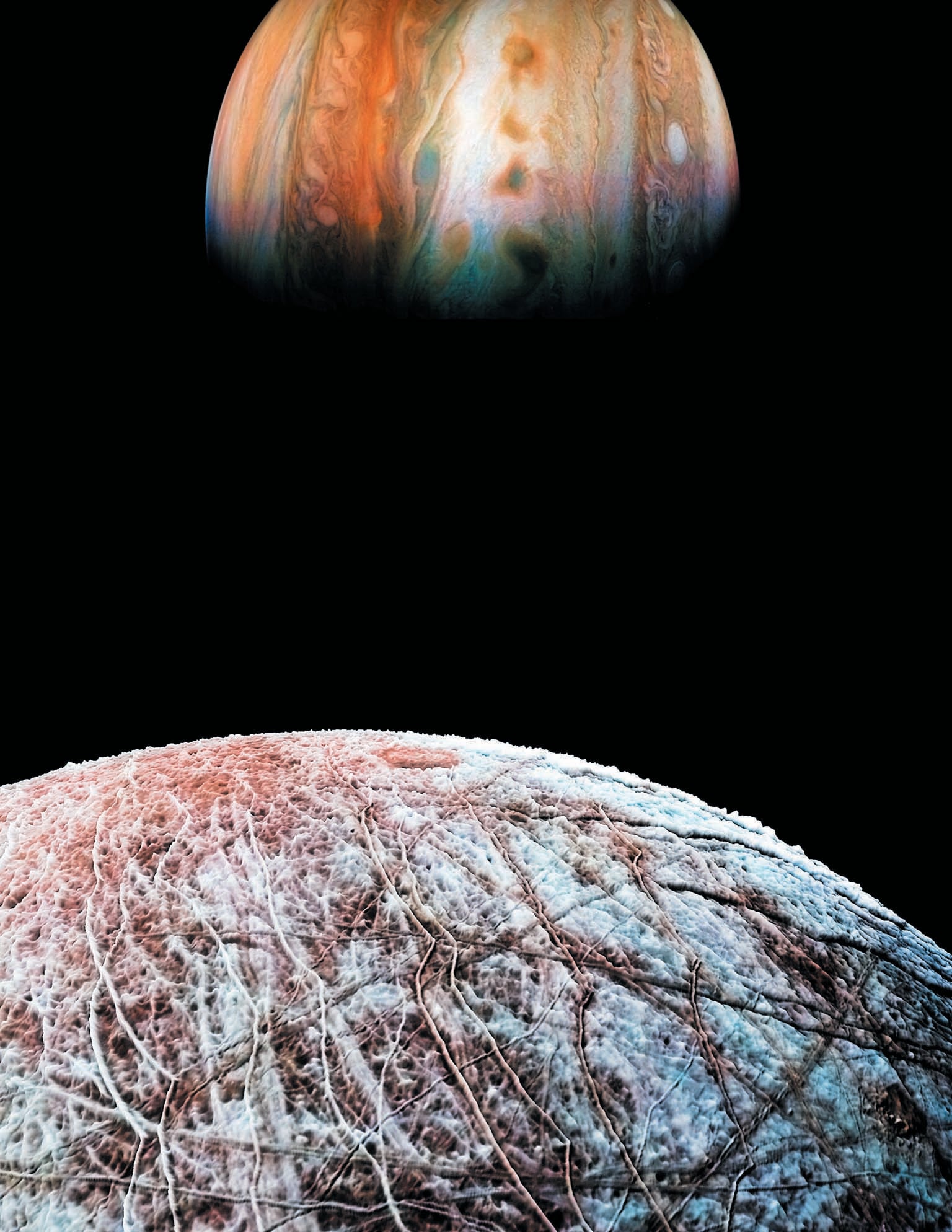 Jupiter's moon Europa in the foreground and the planet Jupiter in the background shown against a black background.