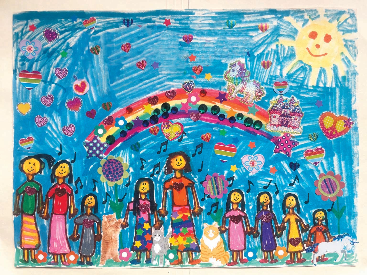 A colorful child’s drawing showing a group of people holding hand under a rainbow.